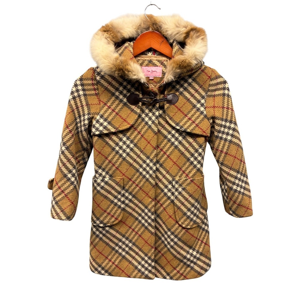 Pierre Cardin Kids Plaid Hooded Wool Blend Coat Fur Trim Size 8Y( measurement)